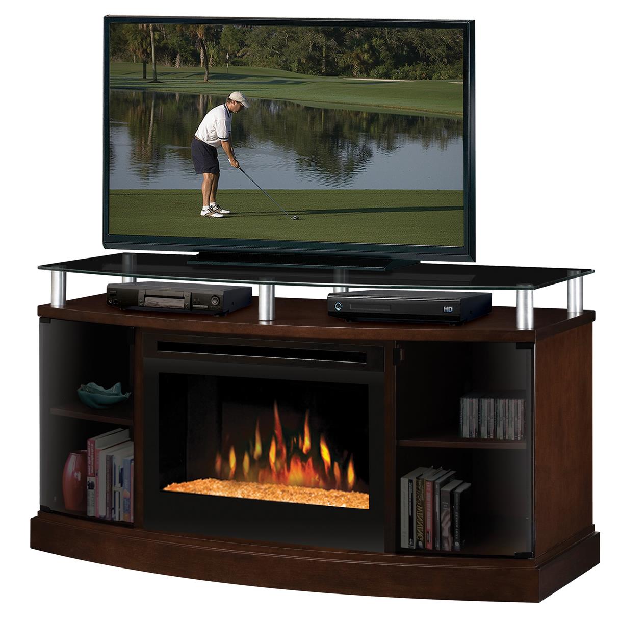 Glass ember sales fireplace tv stand